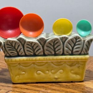 Vtg Mid Century Ceramic Plant Pot Measuring Spoon Holder & Swans Down Spoons